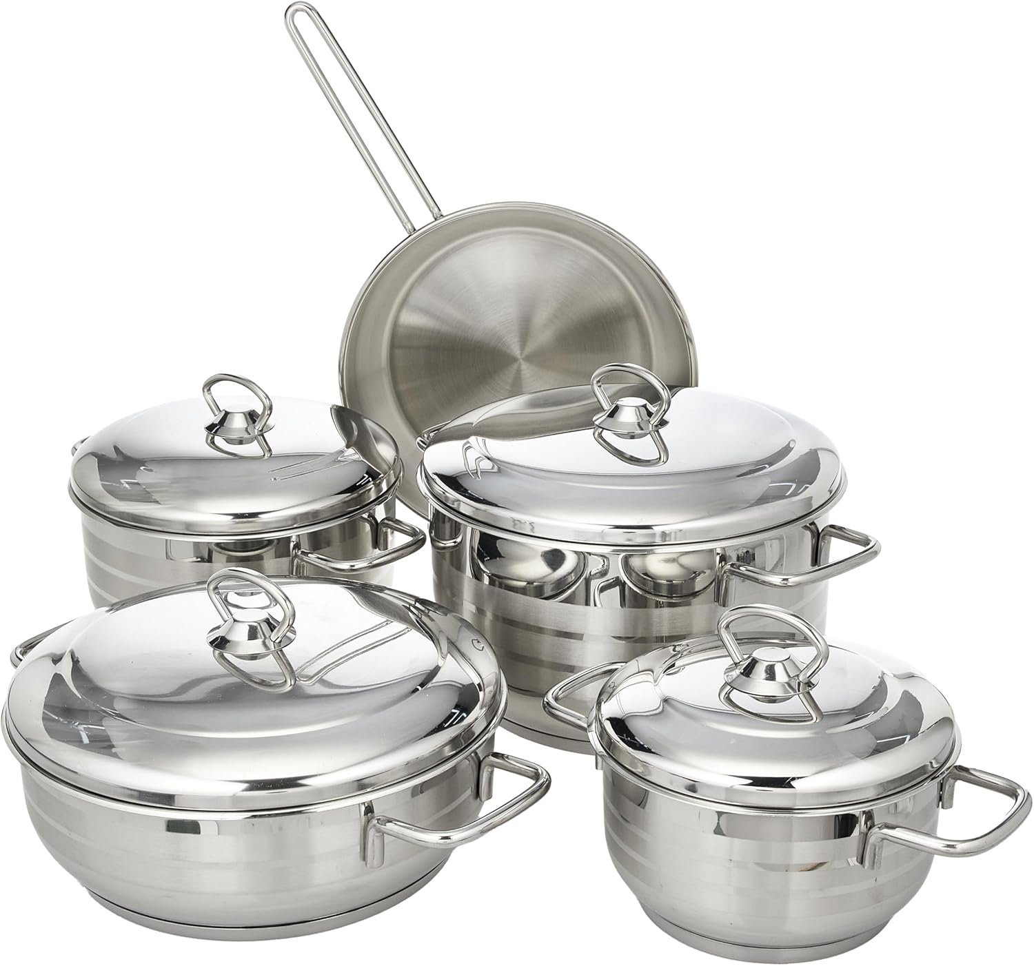9-Piece Pera Stainless Steel Cookware Set - 3 Deep Pots - 1 Low Pot - 4 Stainless Steel Lids - 1 Frypan - High Grade 18/10 Cr/Ni Material