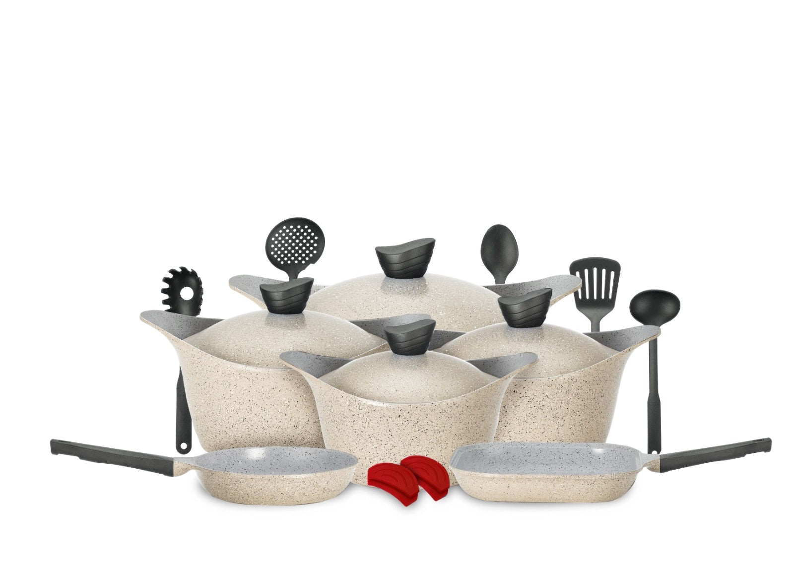 Lahoya Chocolate Marble 17-Piece Cookware Set  Premium Nonstick Granite Cookware with Matching Marble Lids and Complete Kitchen Utensil Set