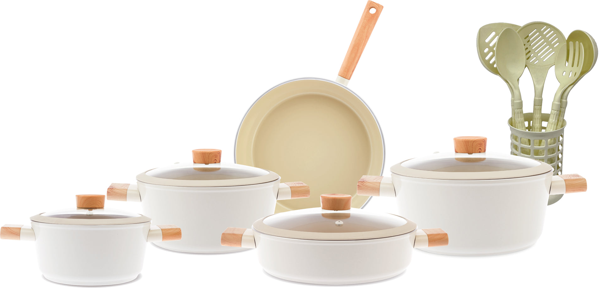 Swiss Crystal 15-Piece Ceramic Cookware Set with Utensils  Premium Nonstick Ceramic Pots & Pans Set with Glass Lids  Elegant White Design with Wooden Handles