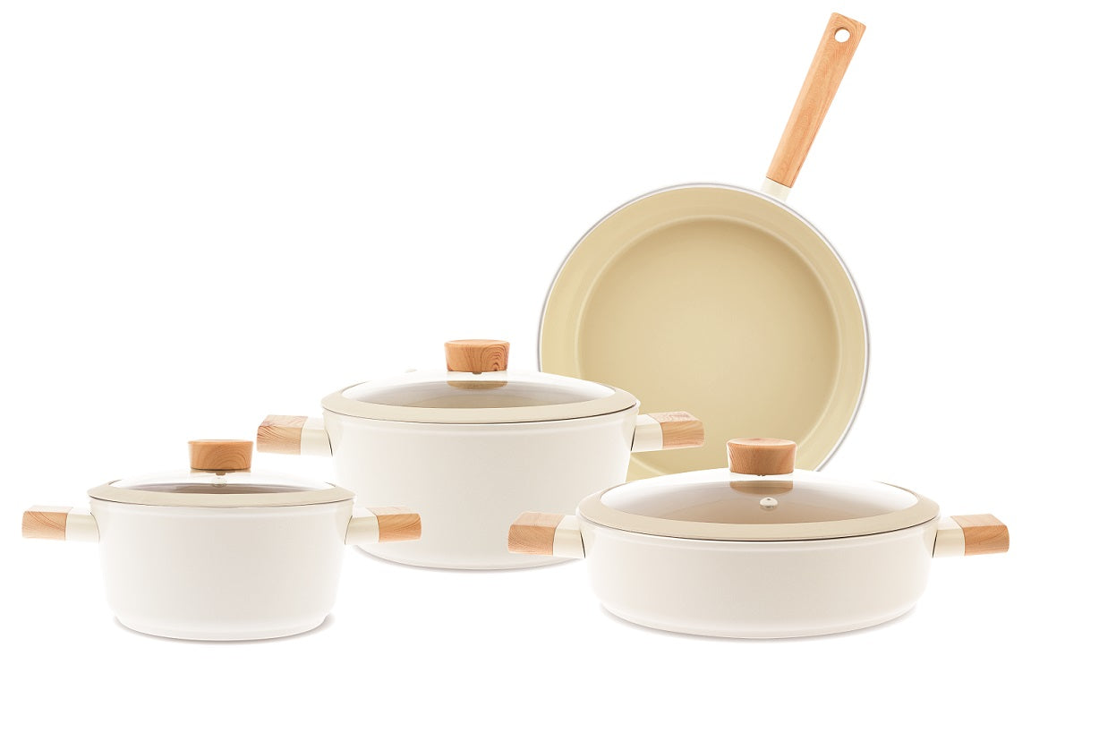 7-Piece Swiss Crystal Non-Stick Cookware Set  Ceramic Coating  Glass Lids with Silicone Edge  Natural Wood Handles  Beige
