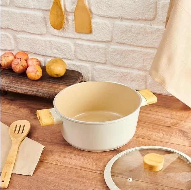 Swiss Crystal 15-Piece Ceramic Cookware Set with Utensils  Premium Nonstick Ceramic Pots & Pans Set with Glass Lids  Elegant White Design with Wooden Handles